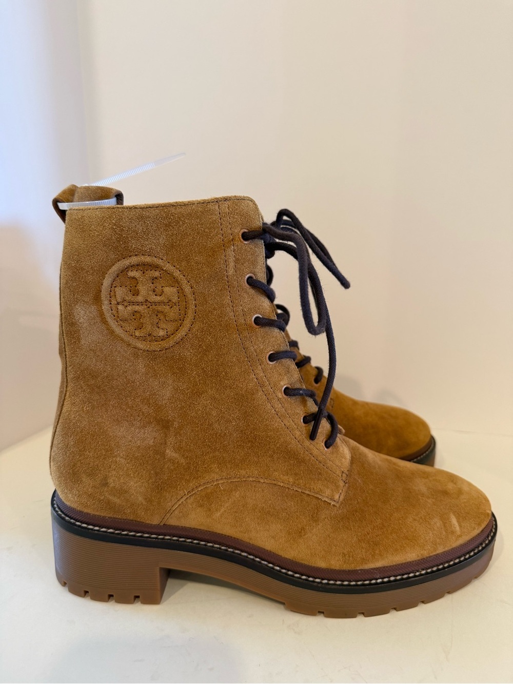NWOT Tory Burch Suede Lace-Up Combat Boots Tan Leather Logo Size 9
